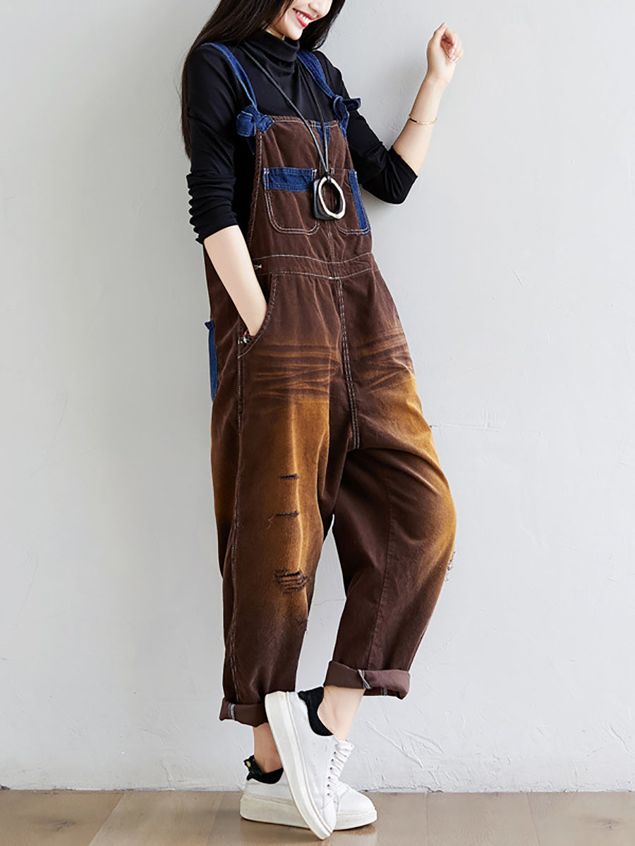 Damen Retro Colorblock Herbst Denim Jumpsuits