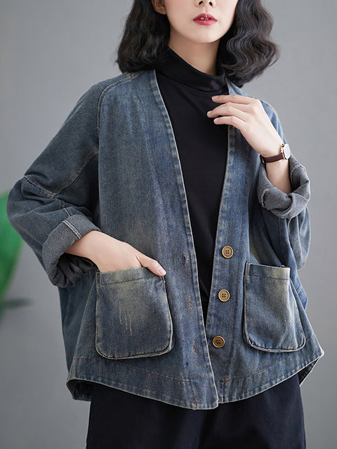 Damen Retro gewaschener Frühlings-Denim-Kurzmantel