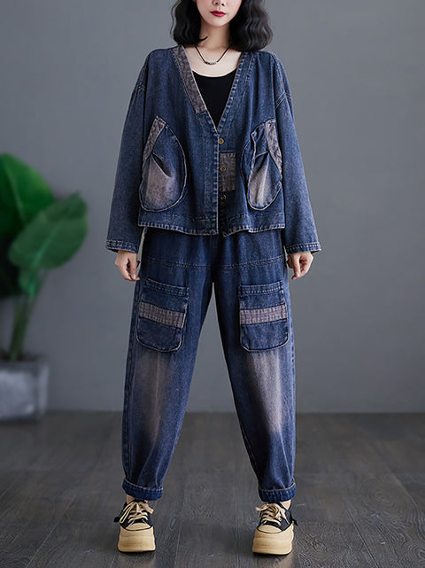 Women Casual Spring Spliced Washed Denim Pants