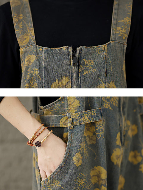 Frauen Sommer Artsy Blumendruck Tasche Lose Denim Overalls