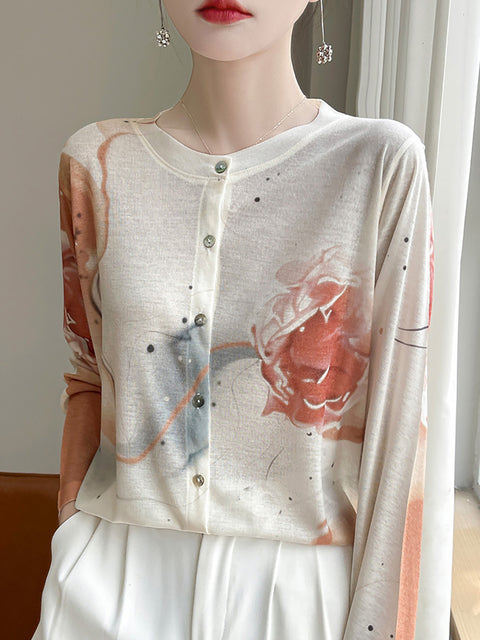 Women Spring Casual Flower O-Neck Thin Shirt