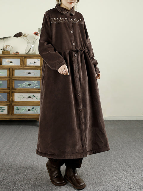 Women Autumn Embroidery Corduroy Fleece-lined Long Coat