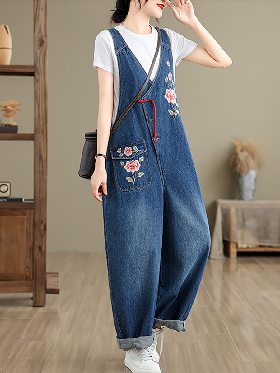 Frauen Frühling Vintage Blumenstickerei Denim Jumpsuits