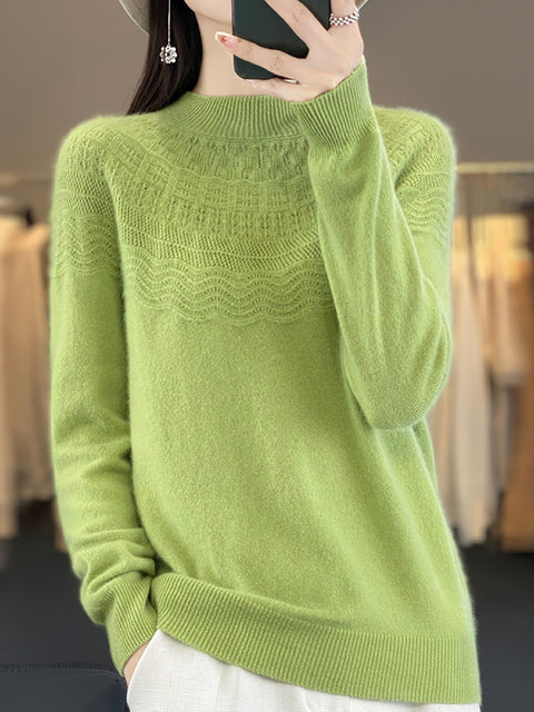 Women Autumn Cable Knit 100%Wool Half Turtleneck Sweater