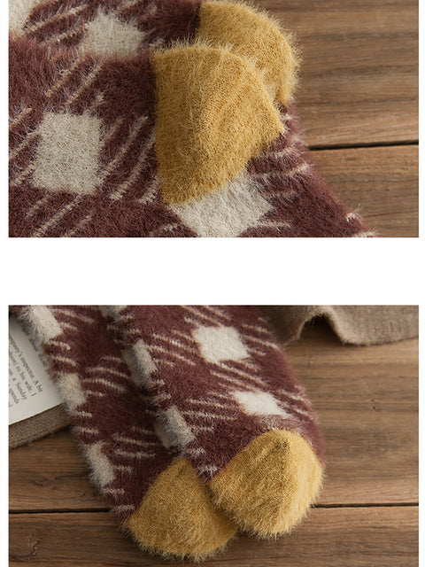 5 Pairs Women Winter Plaid Plush Socks