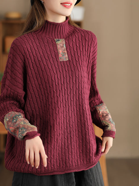 Gestrickter Rollkragenpullover mit Retro-Patch für Damen