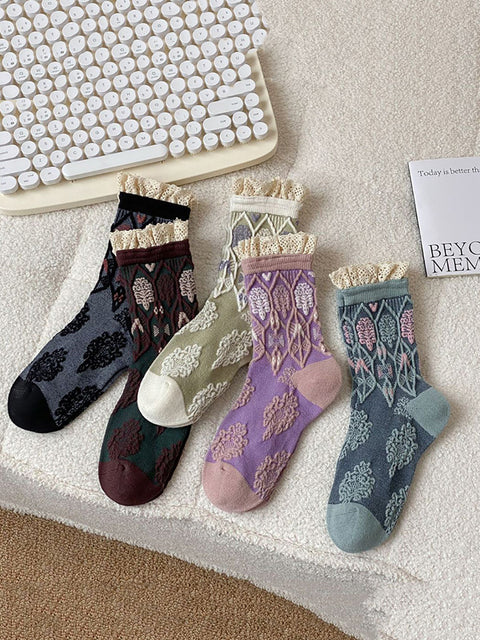 5 Paar Damen Herbstsocken aus Baumwolle mit künstlerischem Blumenmuster