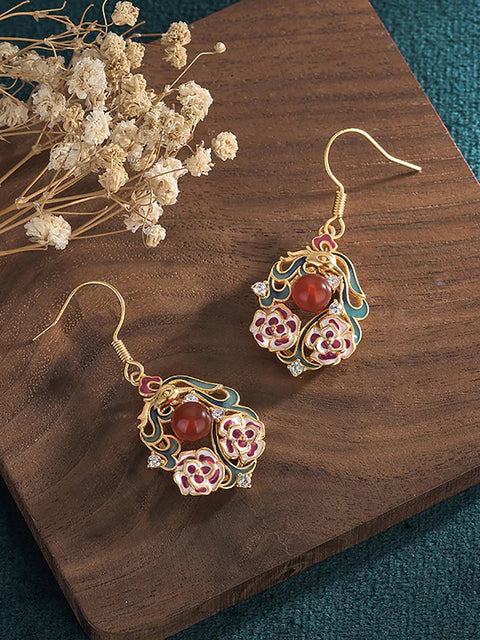 Women Chinese Style Enamel Flower Jade Sliver Earrings