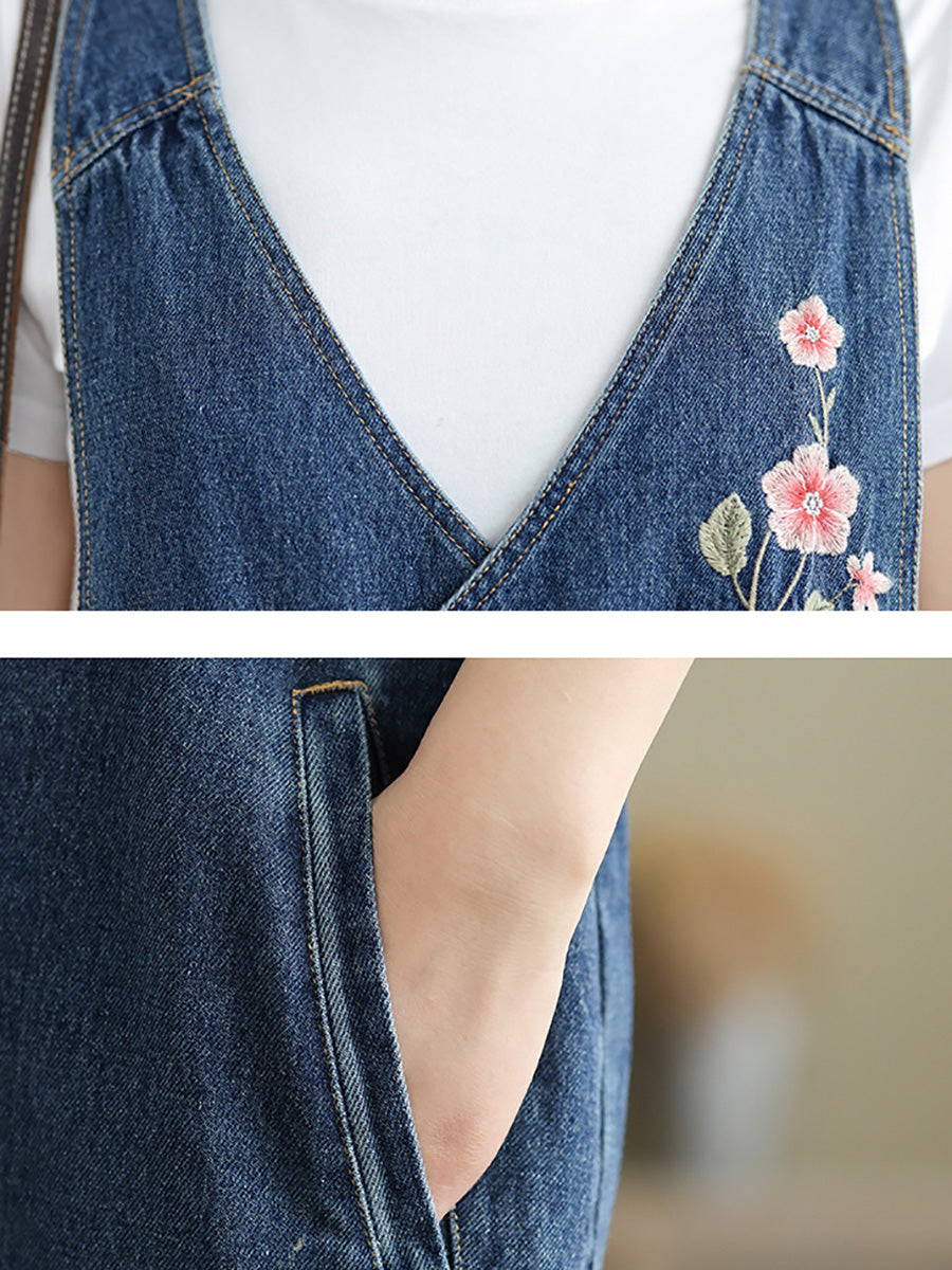 Frauen Frühling Vintage Blumenstickerei Denim Jumpsuits