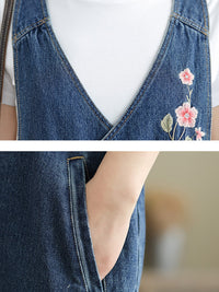 Thumbnail for Frauen Frühling Vintage Blumenstickerei Denim Jumpsuits