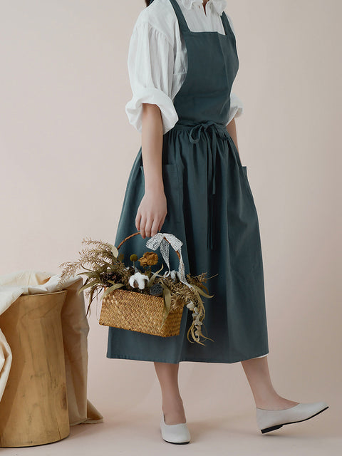 Lässiges, einfarbiges Sommerkleid aus Baumwolle mit Schürze für Damen