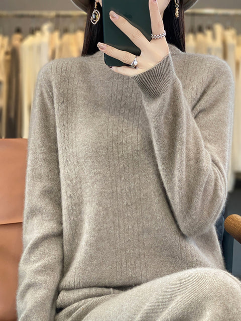 Women Autumn Solid Cable Knit 100%Wool Half Turtleneck Sweater