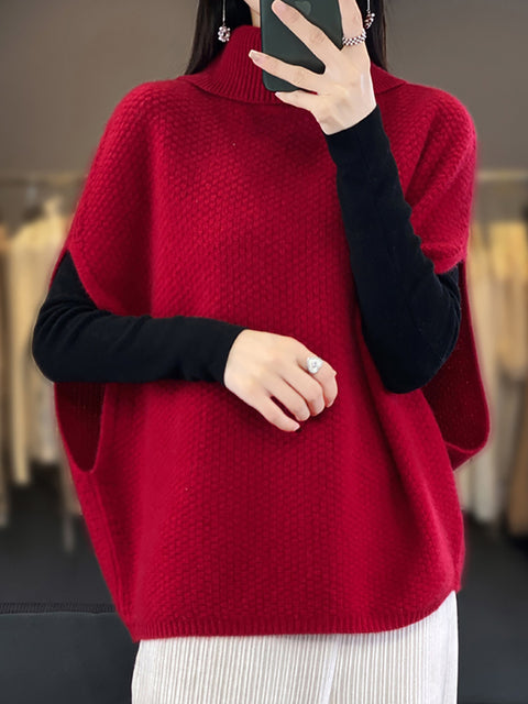 Women Autumn Solid Turtleneck 100%Wool Knit Loose Vest