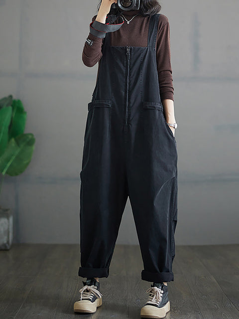 Frauen Herbst Vintage Reißverschluss Beiläufige Lose Feste Overalls