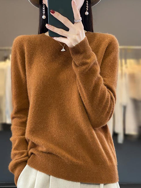 Women Autumn Solid Knit 100%Wool O-Neck Sweater