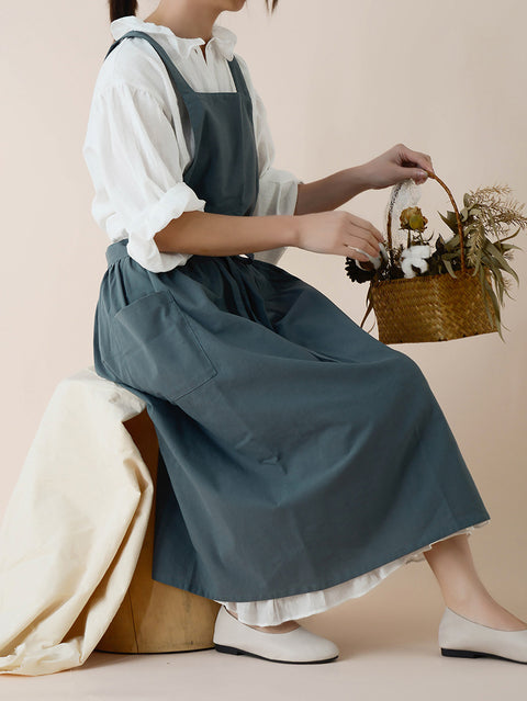 Lässiges, einfarbiges Sommerkleid aus Baumwolle mit Schürze für Damen