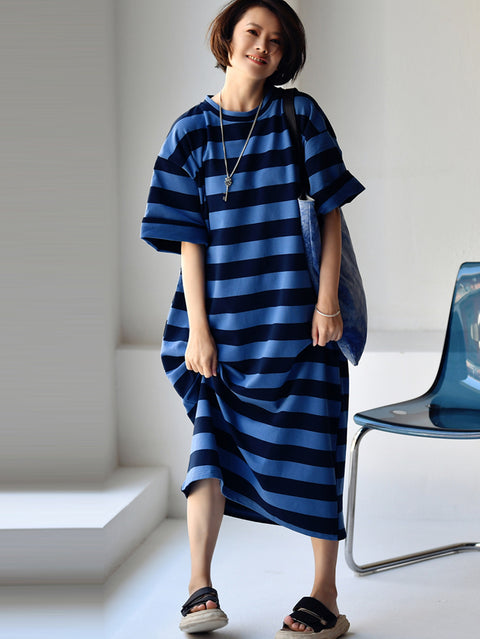 Plus Size Women Casual Stripe Loose Maxi Dress