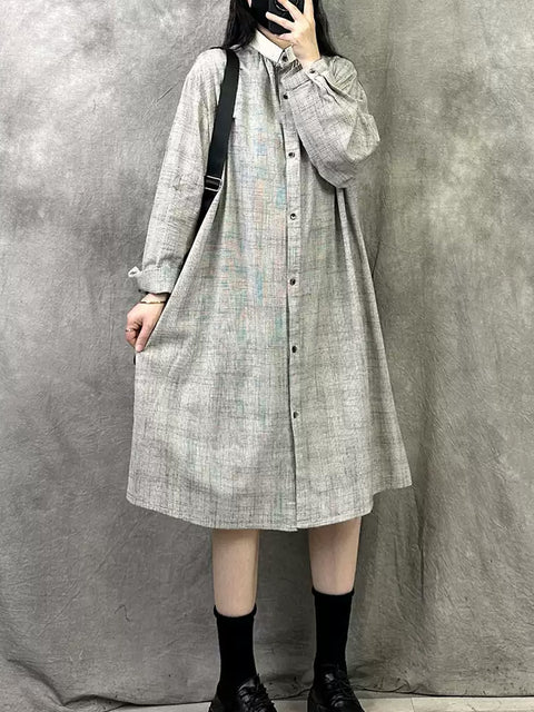 Women Spring Artsy Plaid Turn-down Collar Loose Dress