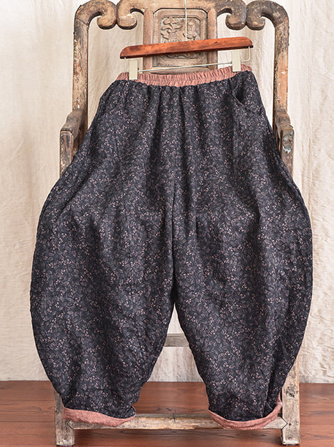 Lässige Hose aus Leinen mit Blumentasche und elastischer Taille und Vintage-Print