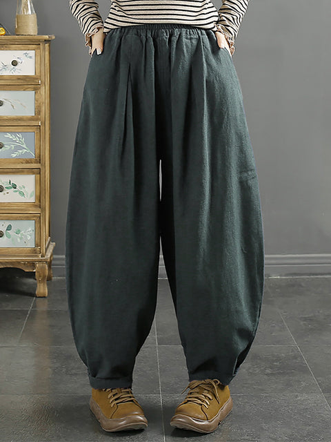 Plus Size Women Vintage Autumn 100%Linen Pure Color Harem Pants