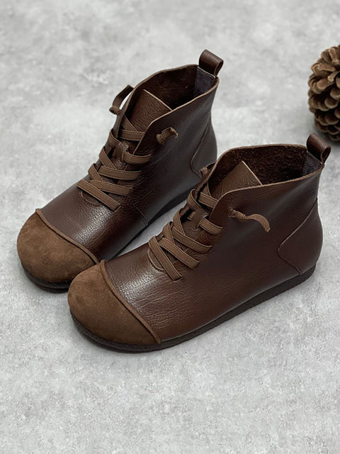 Damen Winter Vintage Leder Kordelzug Spleißen Stiefeletten