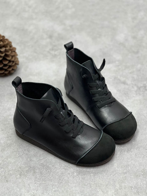 Damen Winter Vintage Leder Kordelzug Spleißen Stiefeletten