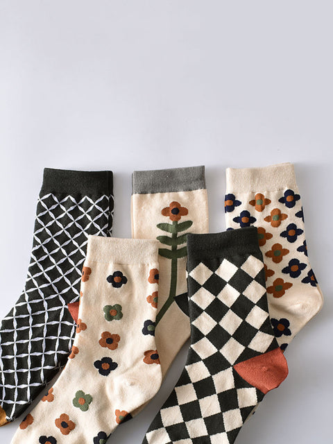 5 Paar lässige Rhomboids-Blumensocken für Damen