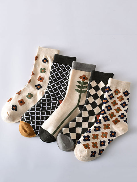 5 Paar lässige Rhomboids-Blumensocken für Damen