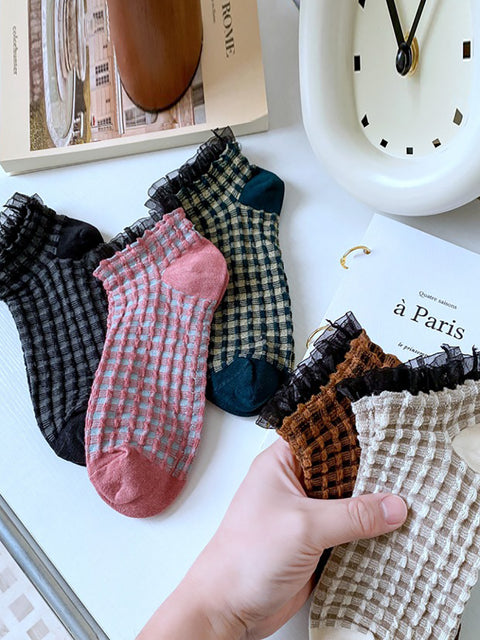 5 Paar Damen Vintage Solid Lattice Lace Socken