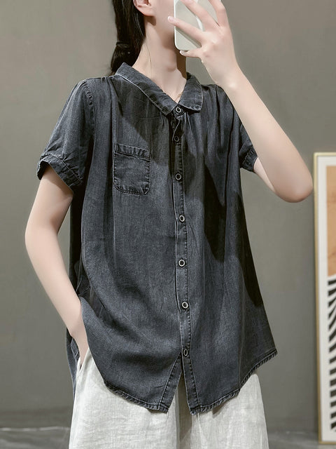 Plus Size Women Summer Solid Button Pocket Denim Shirt