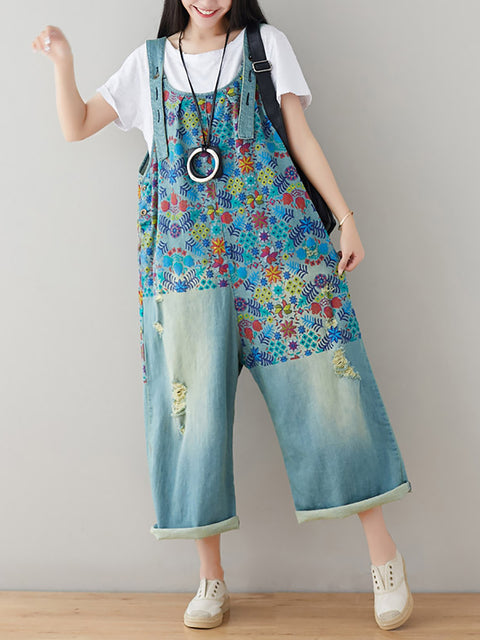 Denim-Jumpsuits mit geradem Bein und Vintage-Blumenmuster für Damen und ausgefransten Taschen