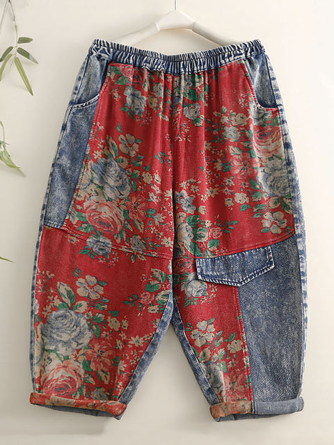 Plus Size Women Summer Vintage Floral Patch Spliced Harem Pants