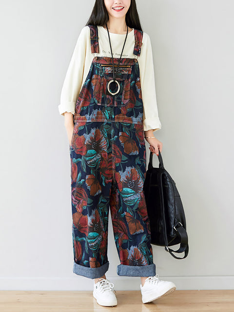 Women Summer Artsy Flower Print Pocket Loose Denim Jumpsuits