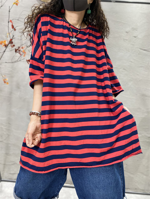 Plus Size Damen Casual Stripe Split Saum O-Neck Loose Shirt