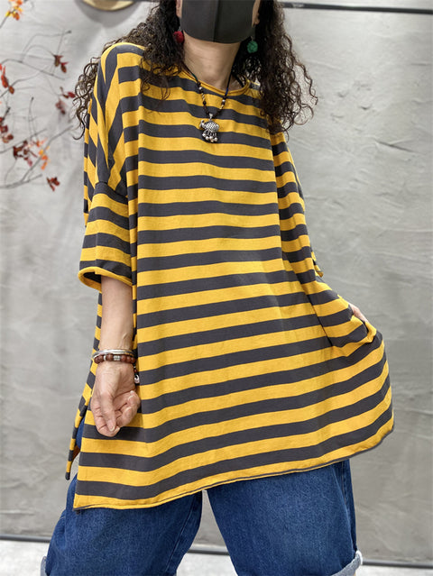 Plus Size Damen Casual Stripe Split Saum O-Neck Loose Shirt