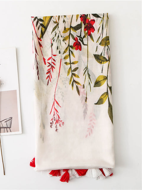 Seaside Women Floral Print Tassel Scarf