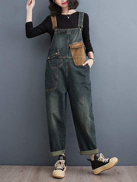 Damen Vintage Colorblock Denim Loose Jumpsuits