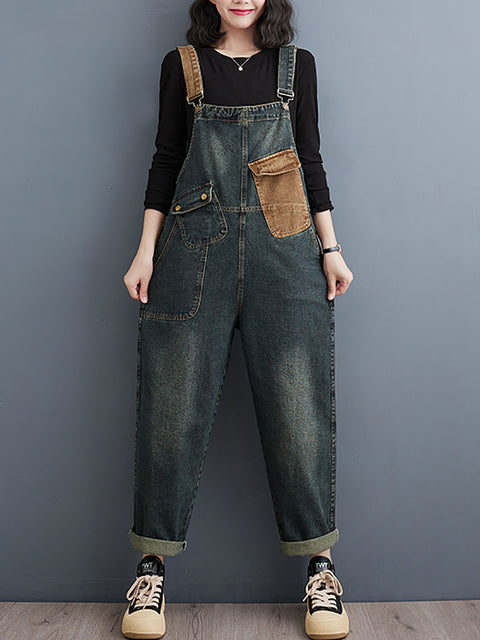 Damen Vintage Colorblock Denim Loose Jumpsuits