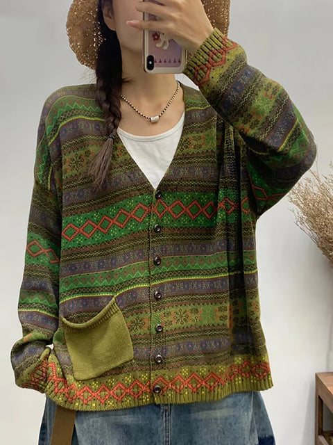 Frauen Herbst geometrische gestrickte V-Ausschnitt Pullover