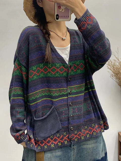 Frauen Herbst geometrische gestrickte V-Ausschnitt Pullover