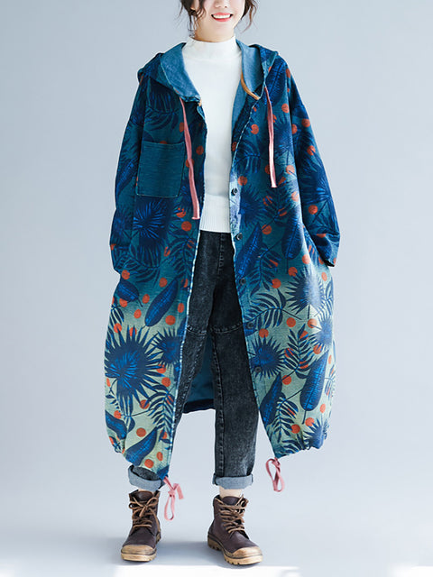 Langer Denim-Mantel mit Kapuze von Artsy Leaf mit graduellem Print für Damen