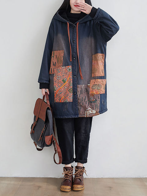 Women Vintage Spliced Denim Hooded Padded Coat