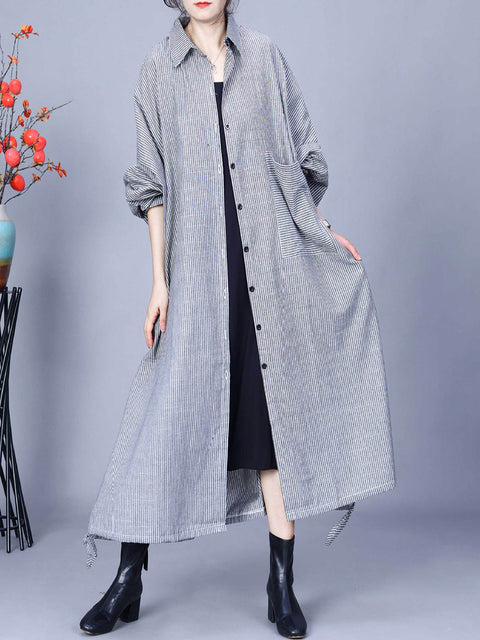 Women Casual Stripe Cotton Linen Loose Long Coat