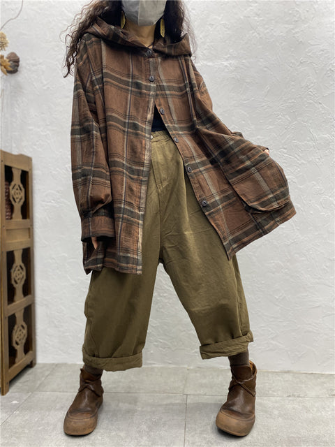 Übergröße Damen Vintage Plaid Frühling Kapuzenhemd Mantel