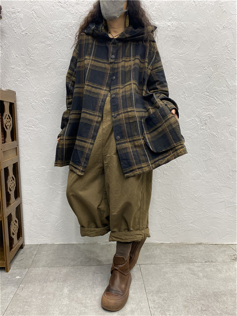 Übergröße Damen Vintage Plaid Frühling Kapuzenhemd Mantel