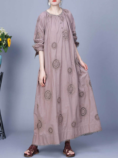 Damen Artsy Spring Maxikleid aus Baumwolle mit fester Stickerei