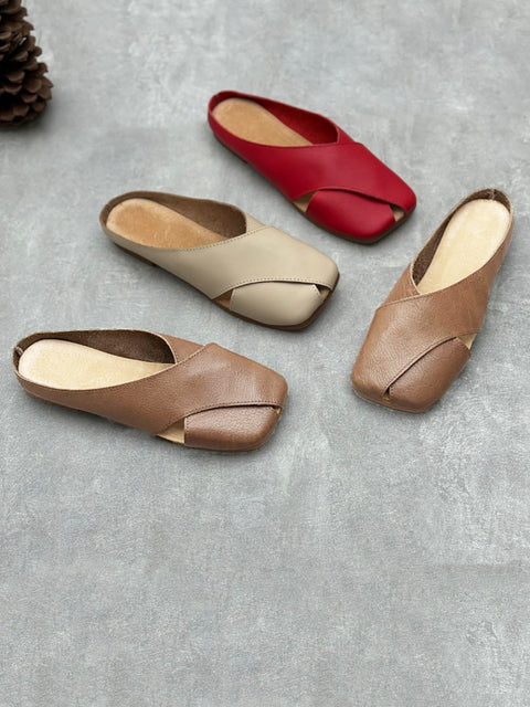 Women Summer Solid Leather Spliced Slippers