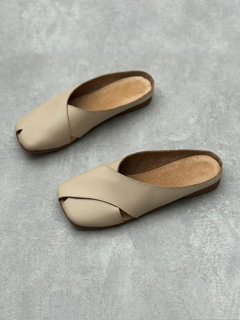 Women Summer Solid Leather Spliced Slippers