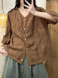 Thumbnail for Damen Sommer Vintage Blumenstickerei Shirt