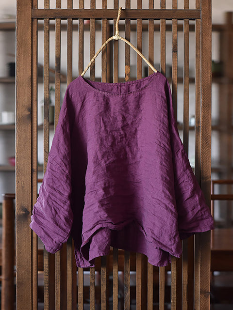 Women Summer Vintage O-Neck Solid Linen Loose Shirt